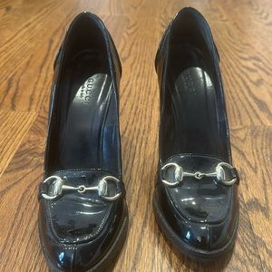 Black Patent Gucci High Heel Loafers with horsebit - Size 5.5